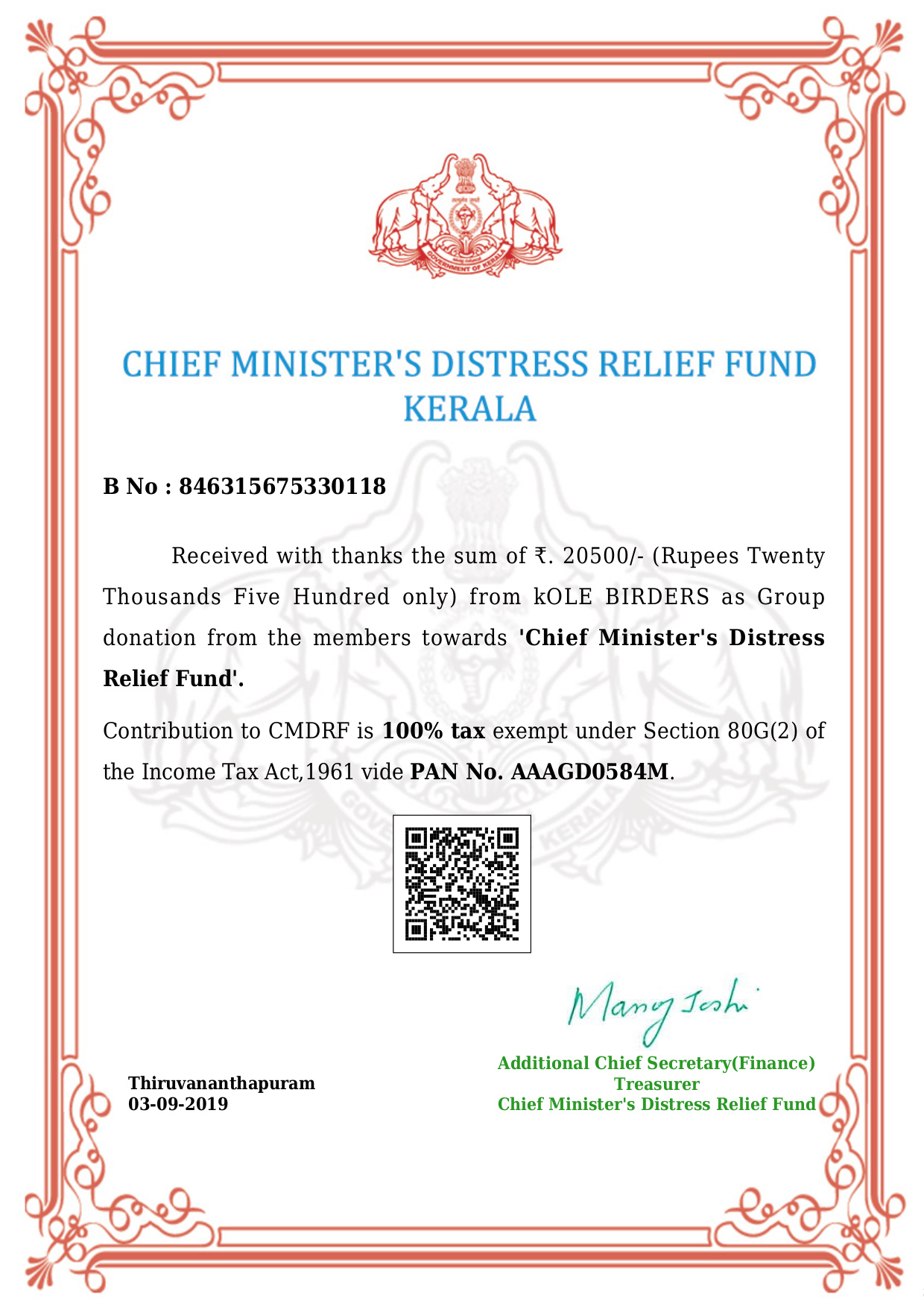 Kole Birders Contribution towards Chief Minister’s Distress Relief Fund